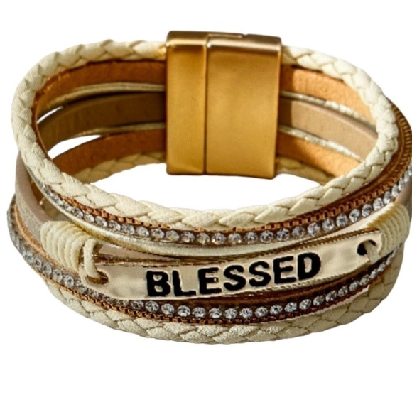 Boho Ethnic "Blessed" PU Leather Multi Layer Rhinestone Studded Bracelet - Picture 1 of 5